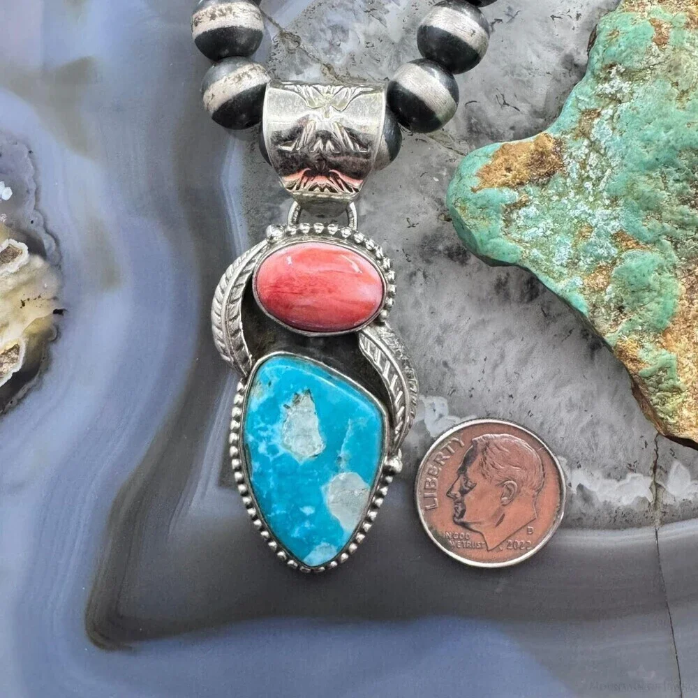 Native American Sterling Oval Orange Spiny Oyster W/Triangular Turquoise Pendant